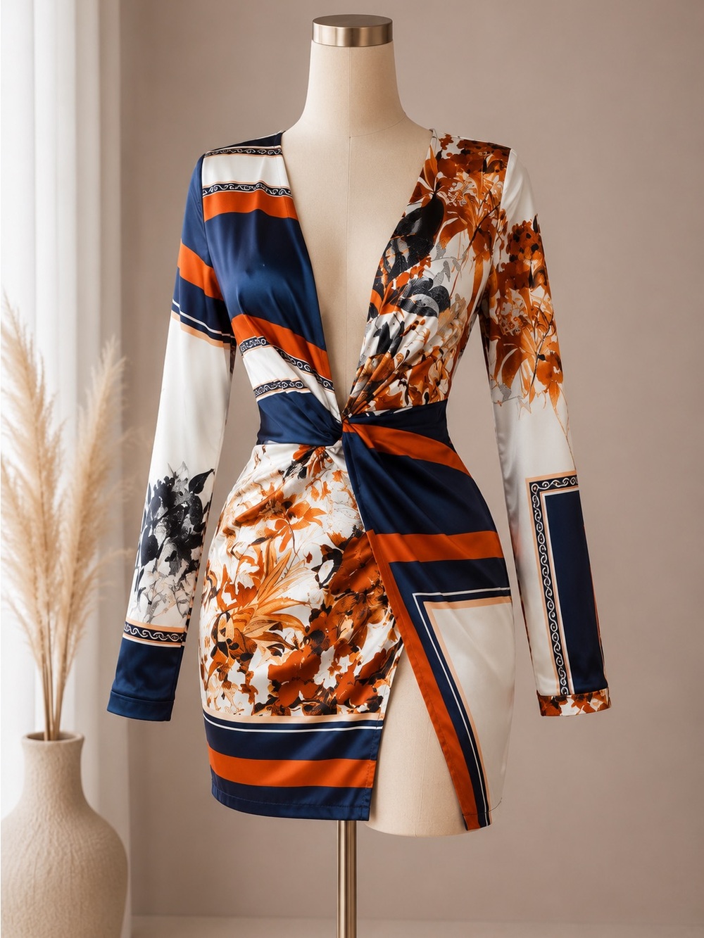 Twist-Front Floral Print Mini Dress in Navy & Rust